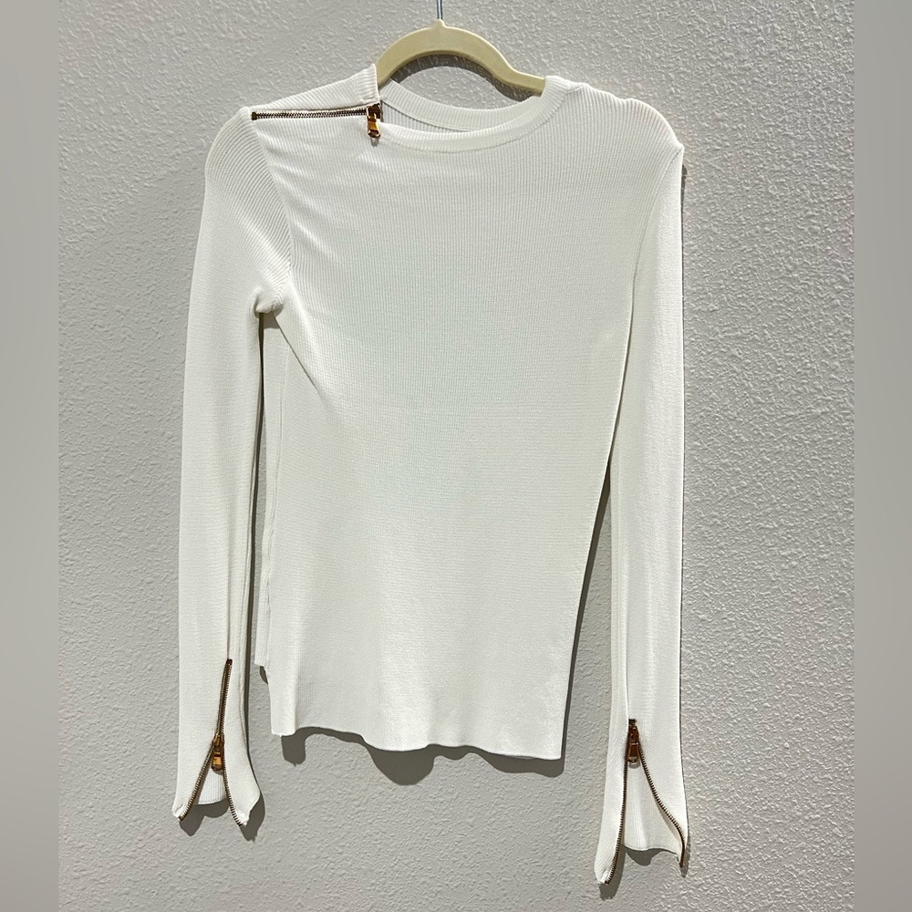 Ribbed Ivory/White Gold Zipper Top Size Small - Picture 2 of 10